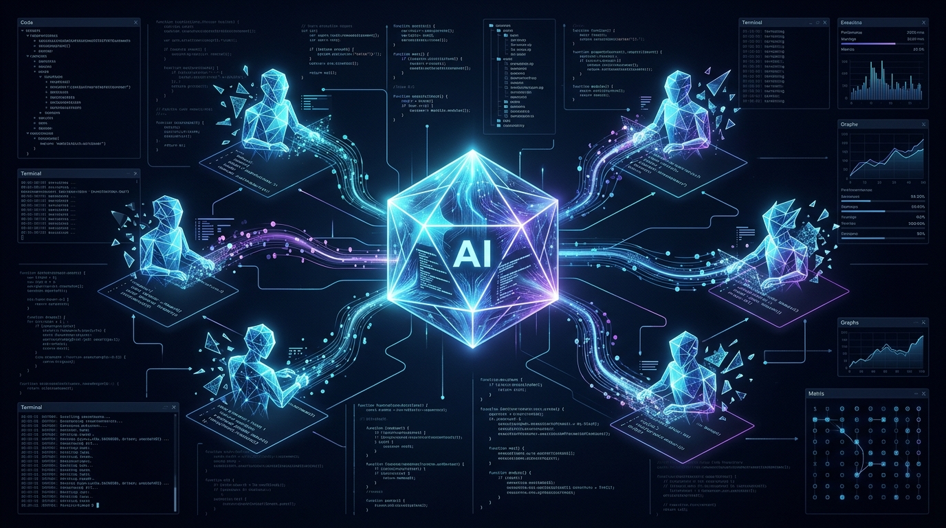 Representação de múltiplos agentes de inteligência artificial trabalhando simultaneamente em um projeto de programação.