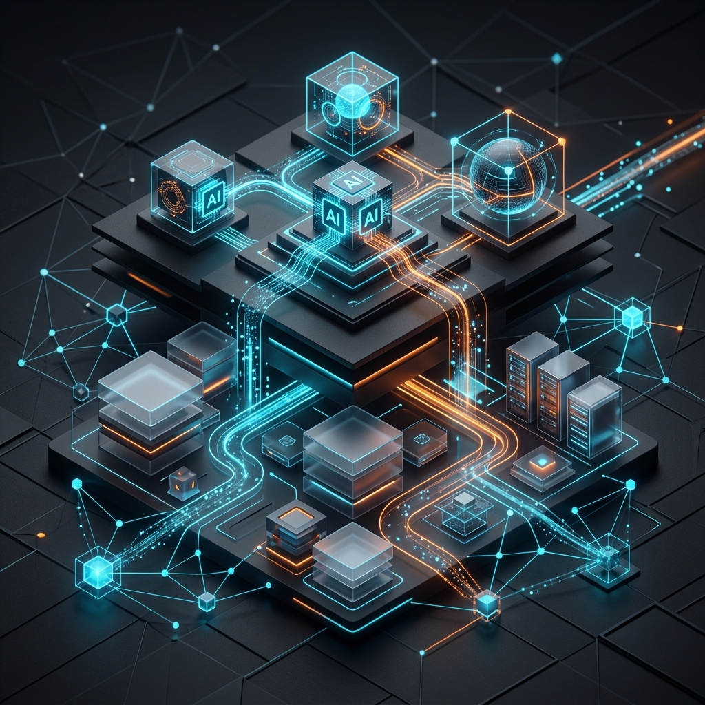 Composição abstrata ilustrando nós de redes corporativas e agentes na nuvem