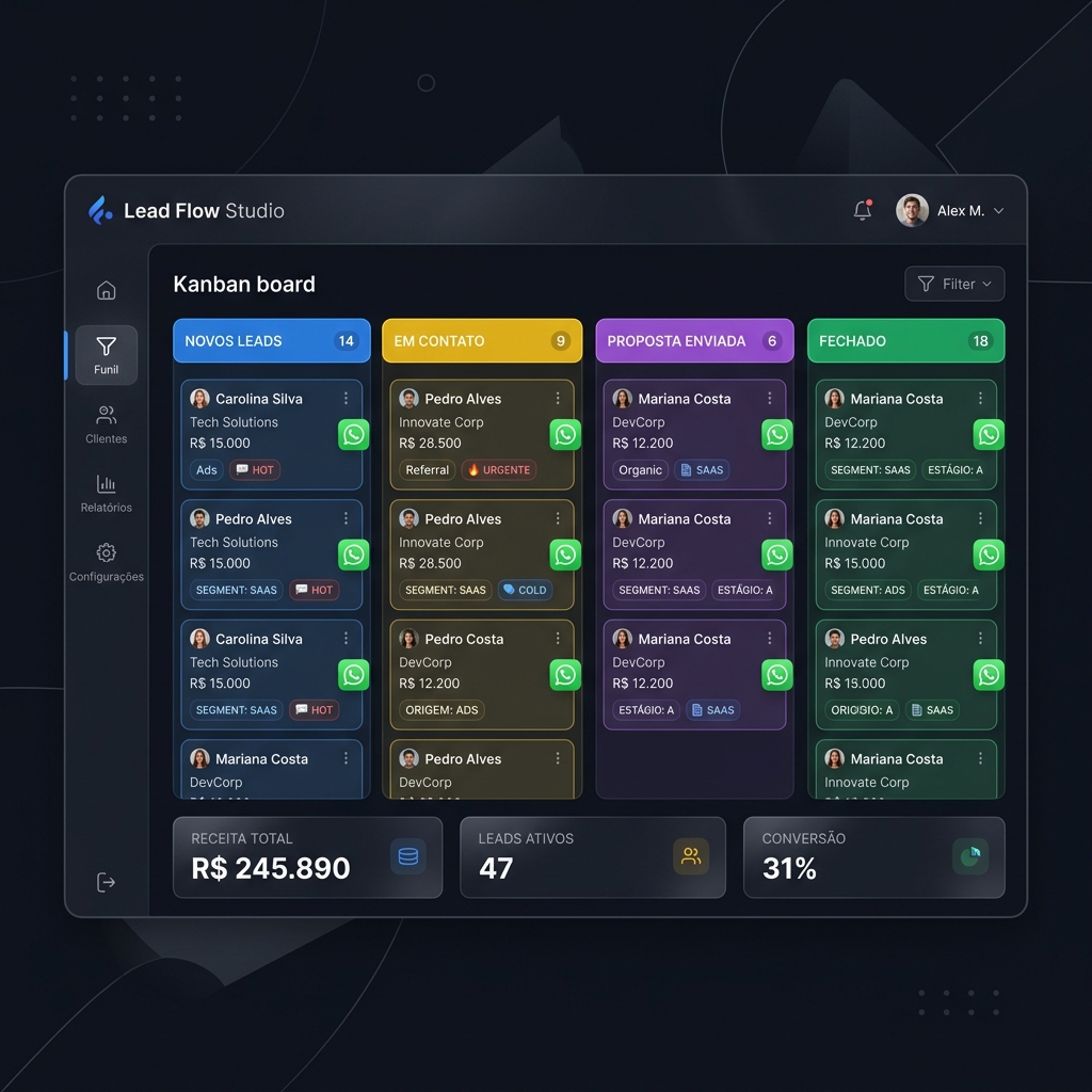 Interface em Dark Mode da plataforma Lead Flow Studio com quadro Kanban de vendas