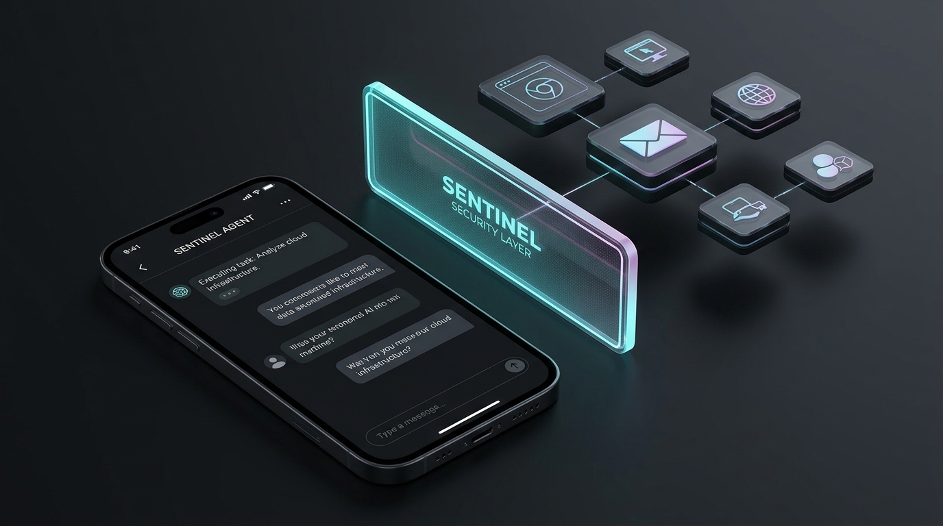 Representação de um agente de inteligência artificial trabalhando em uma máquina virtual segura e acessível pelo smartphone.