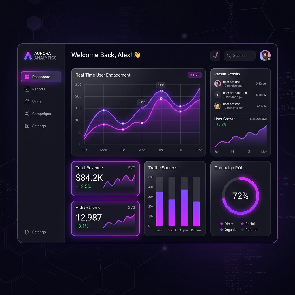 Dashboard executivo frontal do Nexus BI & Finance com gráficos de fluxo de caixa e indicadores em tema escuro